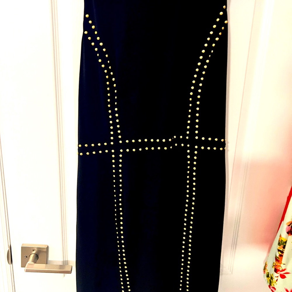Navy blue and gold button dress.